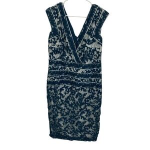 Tadashi Shoji Teal Blue Embroidered Lace V-Neck Sheath Dress Womens Size 14
